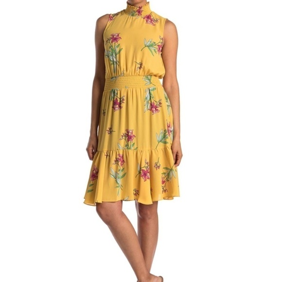 Nanette Lepore Yellow Floral Sleeveless Smock Neck Midi Dress size 4 - Picture 1 of 11